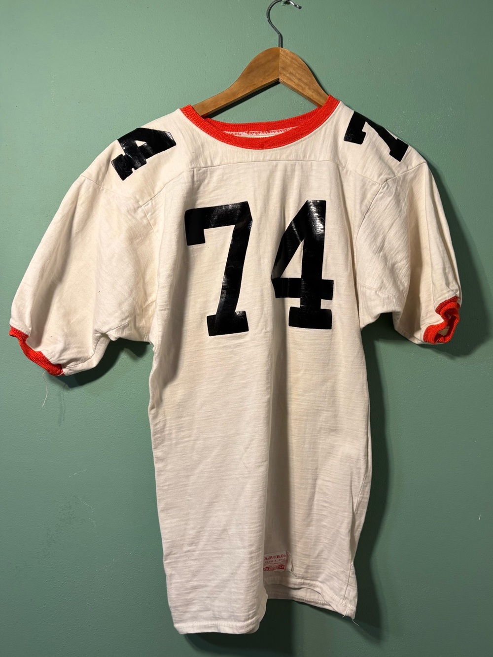 Vintage White Football Jersey with Black 74 and Red Trim
